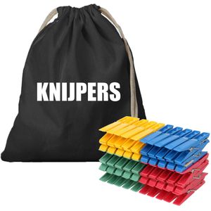 Canvas knijperzak/ opbergzakje knijpers zwart met koord 25 x 30 cm en 100 plastic wasknijpers - Knijperzak met knijpers