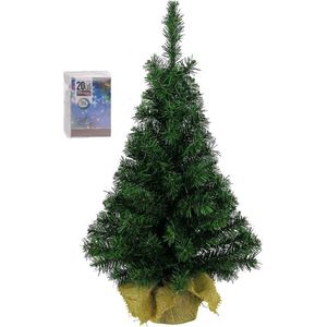 Volle kunst kerstboom 45 cm in jute zak inclusief 20 gekleurde lampjes - Mini kerstbomen met verlichting