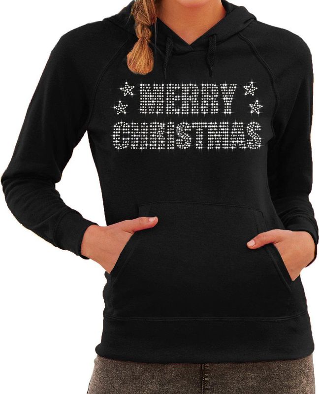 Glitter foute kersttrui hoodie zwart Merry Christmas glitter steentjes voor dames - Capuchon trui