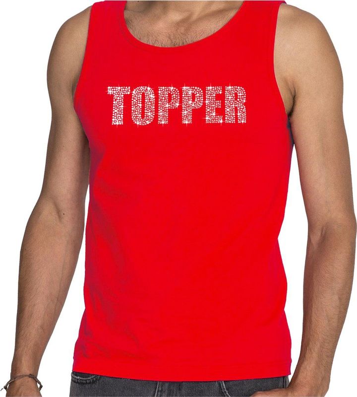 Glitter Topper tanktop rood met steentjes/ rhinestones voor heren - Glitter kleding/ foute party outfit S