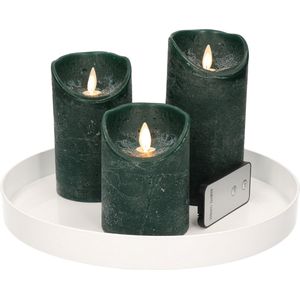Ronde kaarsenplateau wit van kunststof D27 cm met 3 groene LED-kaarsen 10/12,5/15 cm - Tafeldecoratie