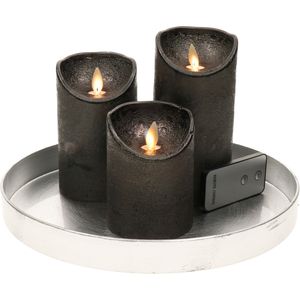 Ronde Kaarsenplateau Zilver van Kunststof D27 cm met 3 Antraciet Grijze LED-kaarsen 10/12,5/15 cm