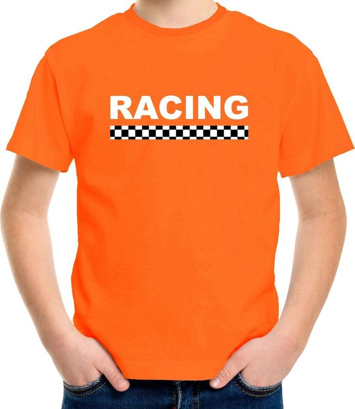 Racing coureur supporter / finish vlag t-shirt oranje voor kinderen
