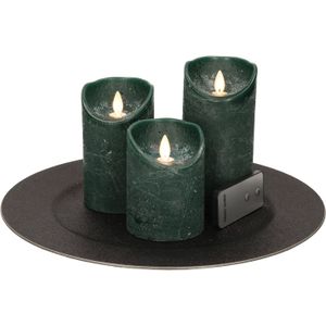 Ronde kaarsenplateau/bord zwart van kunststof D33 cm met 3 groene LED-kaarsen 10/12,5/15 cm - Tafeldecoratie