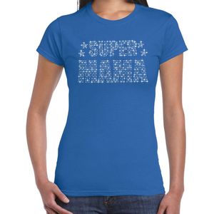 Bellatio - Glitter T-shirt - Blauw - Katoen - Super Mama met Rhinestones