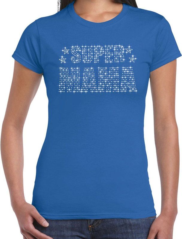 Bellatio - Glitter T-shirt - Blauw - Katoen - Super Mama met Rhinestones