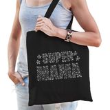 Glitter Super Mama katoenen tas zwart met steentjes/ rhinestones voor dames - Moederdag cadeau / verjaardag tassen - kado /  tasje / shopper
