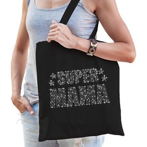 Glitter Super Mama katoenen tas zwart met steentjes/ rhinestones voor dames - Moederdag cadeau / verjaardag tassen - kado /  tasje / shopper