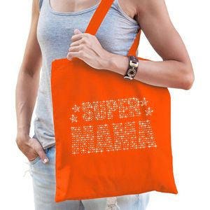 Glitter Super Mama katoenen tas oranje rhinestones steentjes voor dames - Moederdag - Feest Boodschappentassen