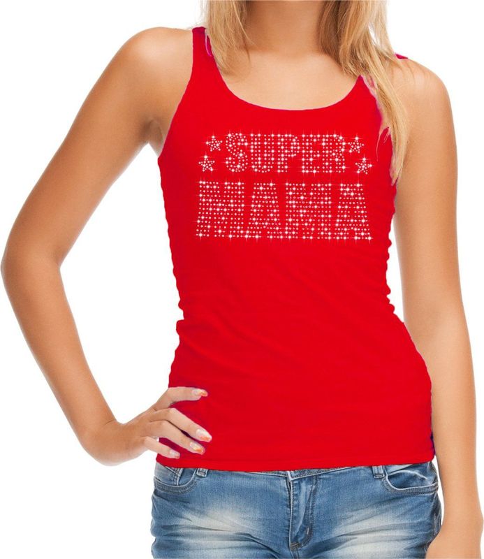 Tanktop - Rood - Katoen - Super Mama met Rhinestones