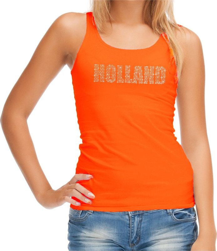 Bellatio Decorations - Glitter Holland - Tanktop - Oranje - Rhinestone Steentjes