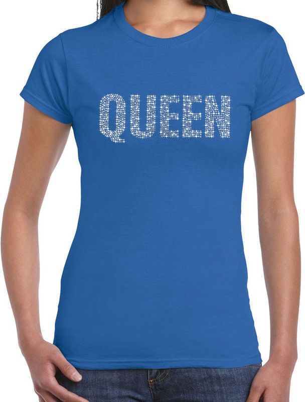 Glitter Queen t-shirt blauw rhinestones steentjes voor dames - Glitter shirt/ outfit