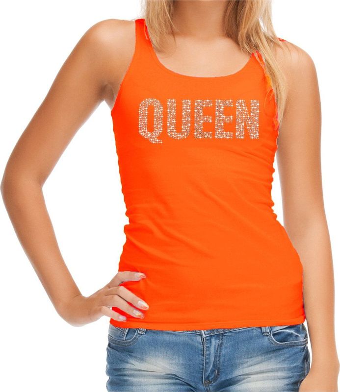 Bellatio Decorations - Glitter Queen - Tanktop - Oranje - Met Rhinestones