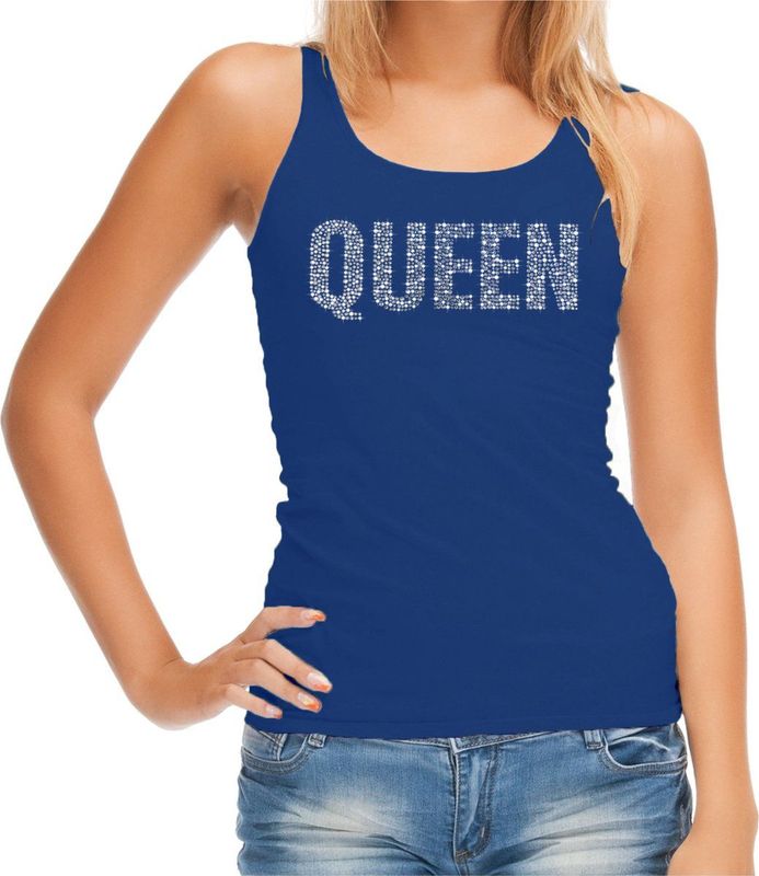 Bellatio Decorations - Glitter Queen - Tanktop - Blauw - Met Rhinestones