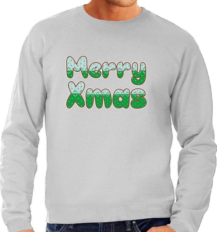 Merry xmas foute Kerstsweater / Kersttrui grijs voor heren - kerst truien