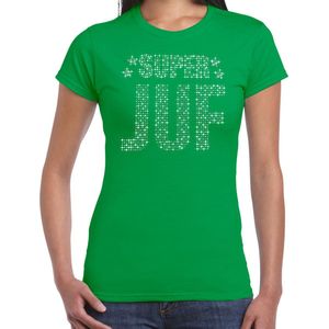 Bellatio Decorations - T-Shirt - Groen - Katoen - Super Juf met Rhinestones
