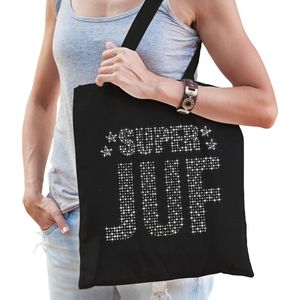 Glitter Super Juf katoenen tas zwart met steentjes/ rhinestones voor dames - Lerares cadeau / verjaardag tassen - kado /  tasje / shopper