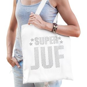 Glitter Super Juf katoenen tas wit rhinestones steentjes voor dames - Feest Boodschappentassen