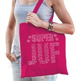 Glitter Super Juf katoenen tas roze met steentjes/ rhinestones voor dames - Lerares cadeau / verjaardag tassen - kado /  tasje / shopper