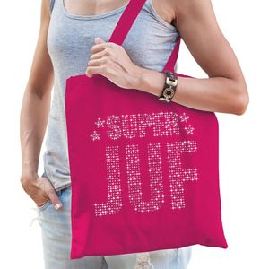 Glitter Super Juf katoenen tas roze rhinestones steentjes voor dames - Feest Boodschappentassen