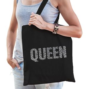 Glitter Queen katoenen tas zwart rhinestones steentjes voor dames - Glitter tas/ outfit - Feest Boodschappentassen