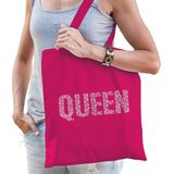 Glitter Queen katoenen tas roze met steentjes/ rhinestones voor dames - Glitter accessoires/ foute party outfit - kado /  tasje / shopper