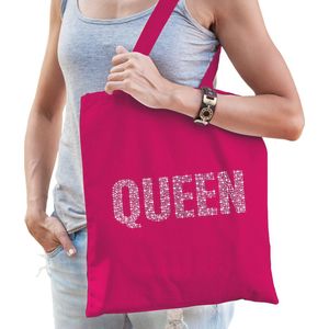 Glitter Queen katoenen tas roze rhinestones steentjes voor dames - Glitter tas/ outfit