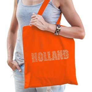 Glitter Holland katoenen tas oranje met steentjes/ rhinestones voor dames en heren - Oranje fan tassen - Holland / Nederland supporter - EK/ WK accessoires
