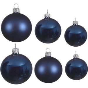 Compleet glazen kerstballen pakket donkerblauw glans/mat 16x stuks - 6x 6 cm - 6x 8 cm - 4x 10 cm