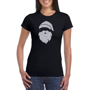 Kerstman hoofd Kerst t-shirt zwart voor dames met zilveren glitter bedrukking