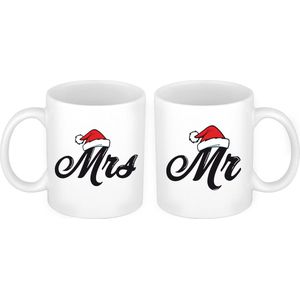 Set van 2x mokken Mr en Mrs kerstmuts cadeau mok / beker wit voor koppels / stelletjes 300 ml