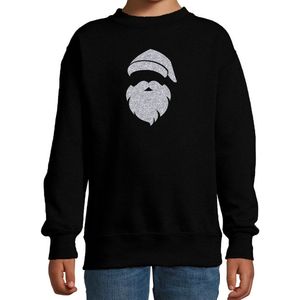 Kerstman Hoofd Kerstsweater - Zwart met Zilveren Glitter Bedrukking - Kinderen
