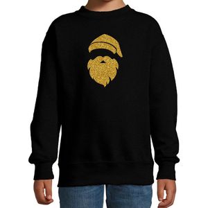 Kerstman Hoofd Kerstsweater - Zwart met Gouden Glitter Bedrukking - Kinderen