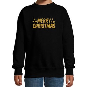 Bellatio Decorations - Kerst Sweater - Zwart - Gouden Glitter Bedrukking - Kinderen