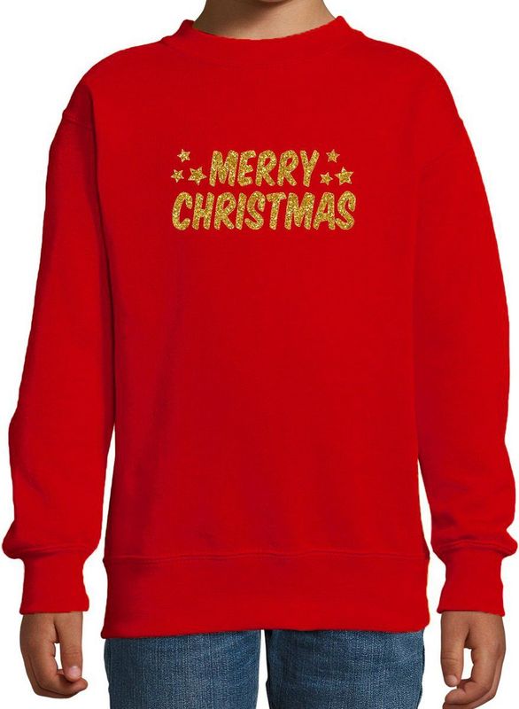 Bellatio Decorations - Kerst Sweater - Rood - Gouden Glitter Bedrukking - Kinderen