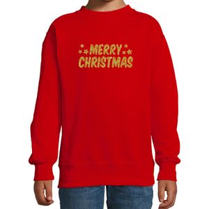 Merry Christmas - Kerst Sweater - Rood - Gouden Glitter Bedrukking - Kinderen