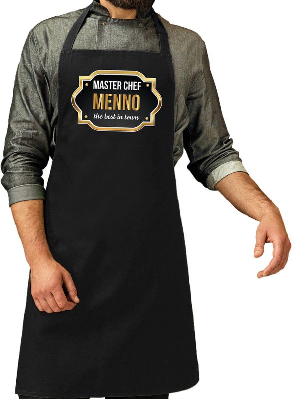Naam cadeau master chef schort Menno zwart - keukenschort cadeau