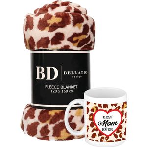 Cadeau moeder set - Fleece plaid/deken panter print met Best mom ever panterprint mok - Plaids