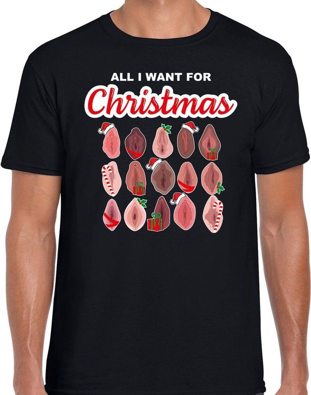 Bellatio Decorations foute kersttrui t-shirt voor heren - All I want for Christmas - vagina - zwart
