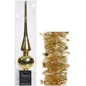 Kerstversiering glazen piek glans 26 cm en sterren folieslingers pakket goud van 3x stuks - Kerstboomversiering