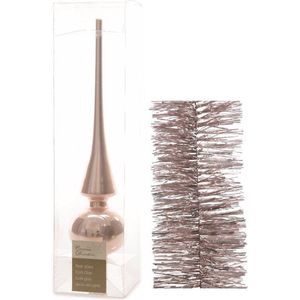 Kerstversiering glazen piek glans 26 cm en folieslingers pakket lichtroze van 3x stuks - Kerstboomversiering