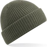 Dames Beanie Wintermuts olijf groen 100% acryl extra warm door extra fleece laag