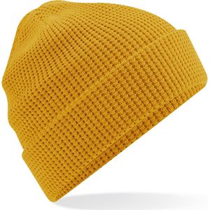 Heren Beanie Wintermuts wafelstructuur mosterd geel 100% katoen