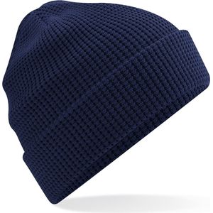 Heren Beanie Wintermuts wafelstructuur navy blauw 100% biologisch katoen