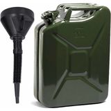 Metalen jerrycan legergroen voor brandstof 20 liter met een grote vul trechter van 39 cm