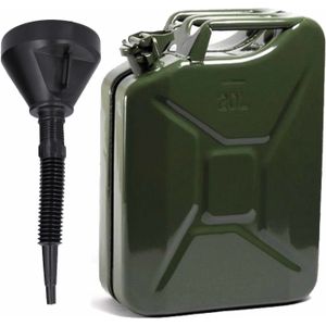 Metalen jerrycan legergroen voor brandstof 20 liter met een grote vul trechter van 39 cm