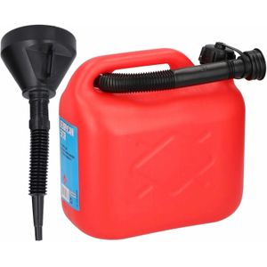 Jerrycan rood voor olie en brandstof van 5 liter met een handige grote trechter van 39 cm