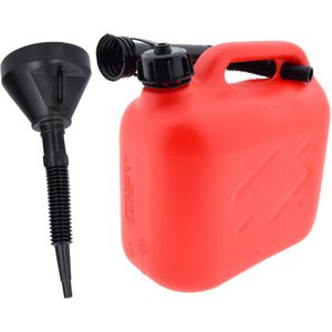 Jerrycan rood voor olie en brandstof van 5 liter met een handige grote trechter van 39 cm