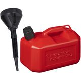 Jerrycan rood voor olie en brandstof van 5 liter met een handige grote trechter van 39 cm