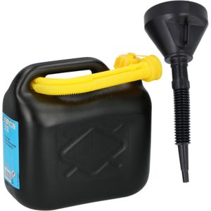 Jerrycan zwart voor olie en brandstof van 5 liter met een handige grote trechter van 39 cm